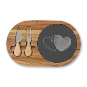 Engraved Heart Charcuterie Board with Slate Inlay & Cheese Knives